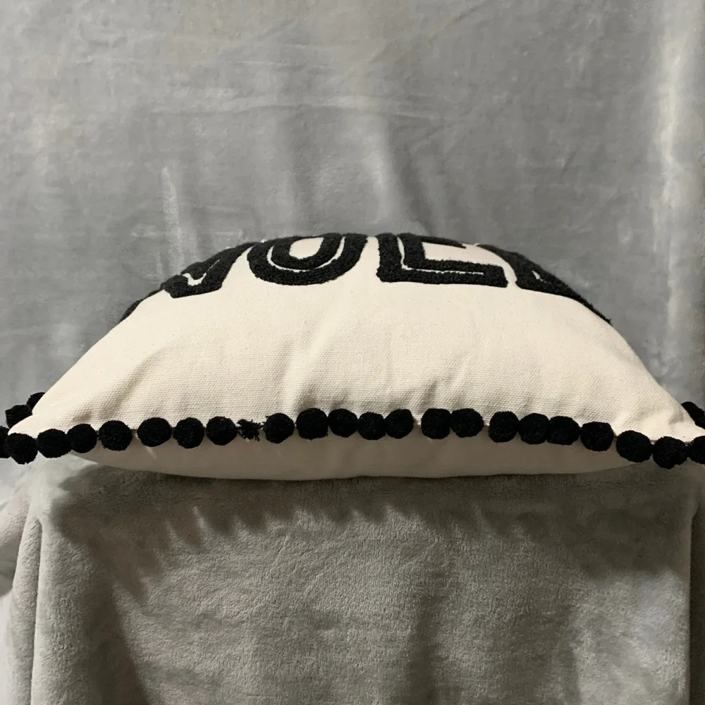 Holiday Noel Pillow Black White Pom Pom Pearl Embellished Throw Pillow Christmas